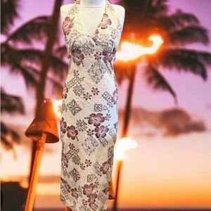 Hawaiian Barkcloth Halter Dress Womens Sz 3 XS/S Hapa Clothing Floral Tapa Maxi